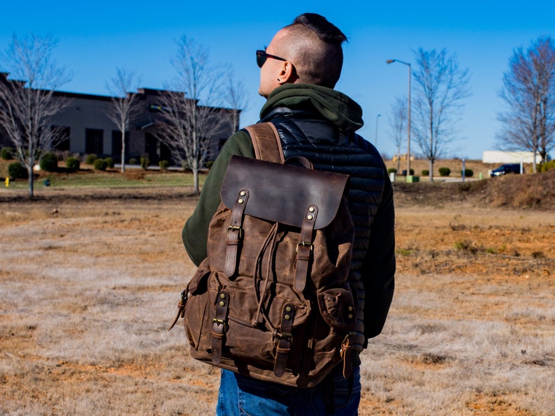 Travel Backpack, Crazy Horse Leather and Canvas Backpack, Personalized Christmas Gift, Unisex Rucksack, Backpack for Men, Woman Backpack image 2