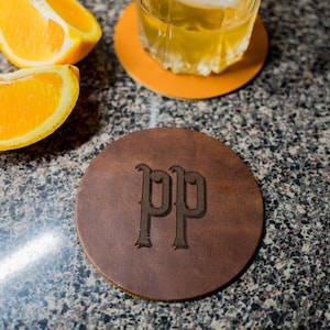 Six Brown Leather Coasters | Custom Handmade Drink Coaster | Milwaukee leather Coaster with Initial | Full Grain Leather | Wedding Gifts