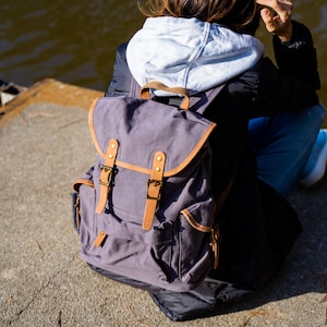 Women Canvas Leather Backpack, Small Backpack, Travel Bag, Rucksack with Pockets, Handmade Vintage Backpack, Shoulder Bag, Gift for Her image 1
