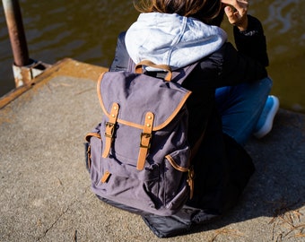 Women Canvas Leather Backpack, Small Backpack, Travel Bag, Rucksack with Pockets, Handmade Vintage Backpack, Shoulder Bag, Gift for Her