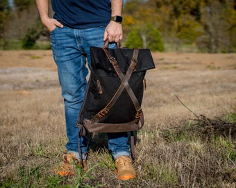 Large Backpack, Full Grain Leather and Wax Canvas Rucksack, Backpack for Men, Laptop Bag, Unisex Black Backpack, Minimalist Backpack