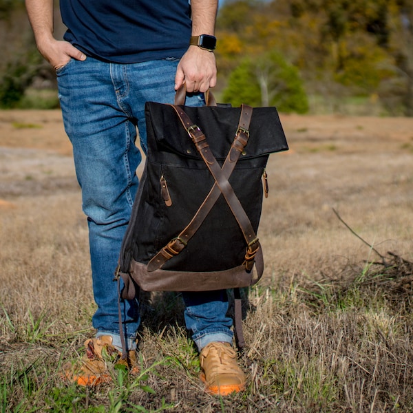 Large Backpack, Full Grain Leather and Wax Canvas Rucksack, Backpack for Men, Laptop Bag, Unisex Black Backpack, Minimalist Backpack