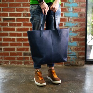 Big Leather Tote Bag for Woman / Large Navy Tote Bag / Leather Weekender Bag / Tote Bag with Pocket / Large Books Bag / Leather Grocery Bag image 5