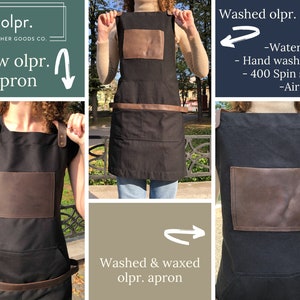 May include: A black canvas apron with brown leather straps and a brown leather patch pocket. The apron is shown in three different states: new, washed, and washed and waxed. The text "olpr. LEATHER GOODS CO." is visible on the apron.