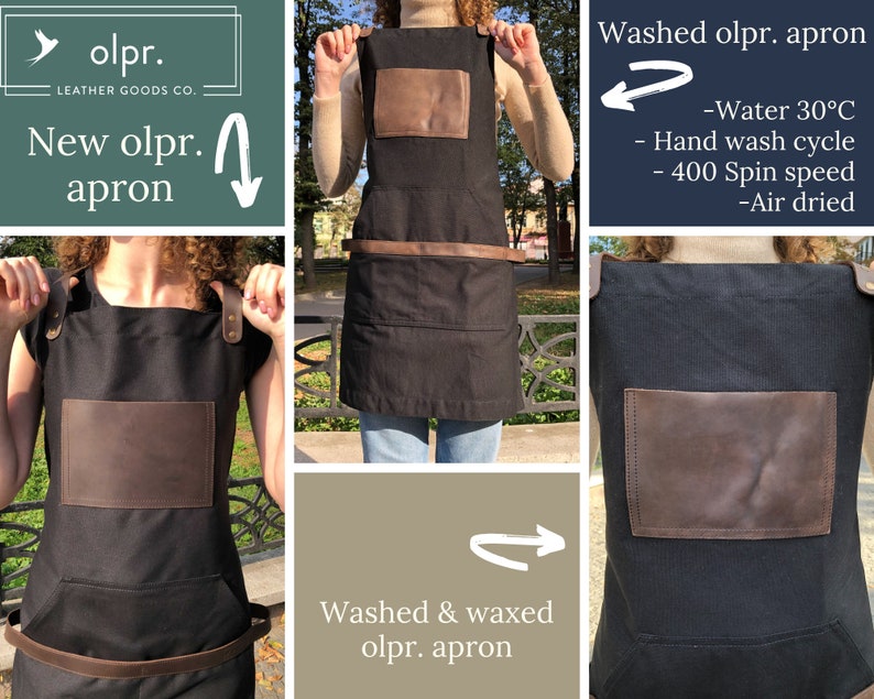 May include: A black canvas apron with brown leather straps and a brown leather patch pocket. The apron is shown in three different states: new, washed, and washed and waxed. The text "olpr. LEATHER GOODS CO." is visible on the apron.