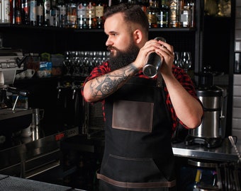 Tablier de restaurant, cadeau de Noël, tablier barman barista, tablier en cuir de bar avec logo, tablier barbecue pour hommes, tablier de serveuse noire, cadeau de Noël