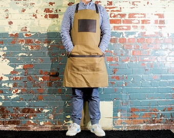 Camel Canvas Apron, Leather and Non Waxed Canvas Apron, Custom Men's Apron with Custom Engraving Brown Apron
