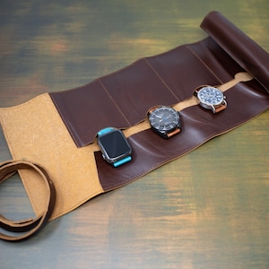 Personalized Leather Watch Roll, Leather Watch Pouch, Handmade Roll Case 5 Watch Straps, Anniversary Gift
