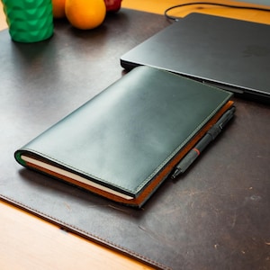 May include: A dark green leather-bound journal with a pen on top of it. The journal is lying on a brown leather desk mat.