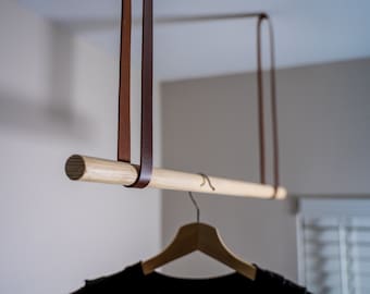 Leather Straps for Clothes Hanging, Wooden Curtain Rod Holder, Hanging Clothing Rack, Leather Hanger, Ceiling Mounted Clothes Rail