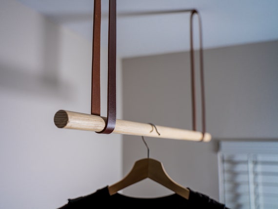 Leather Straps for Clothes Hanging, Wooden Curtain Rod Holder