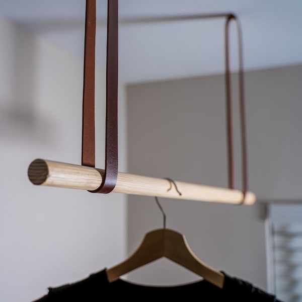 Leather Straps for Clothes Hanging, Wooden Curtain Rod Holder, Hanging Clothing Rack, Leather Hanger, Ceiling Mounted Clothes Rail