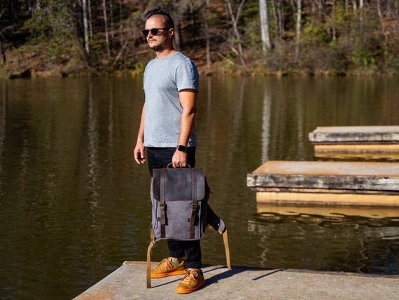 black leather canvas backpack Waxed Laptop Rucksack Mens Women, Our Classic Backpack in Black Canvas and Ebony Black Leather can comfortably accommodate an A4 pad and a 13 laptop Nerlion Leather Backpack for Men