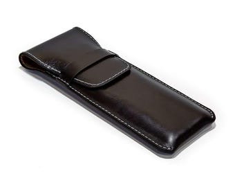 Black Leather Pen Holder, Triple Pen Holder, Chromexcel Leather Pen Case, 3Pen Holder