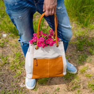 Stilvolle Kordelzug Canvas und Ledertasche, Geschenk für Sie, Geschenk für Mama, Frauen Handtasche mit Personalisierung, Muttertag, Canvas Taschen