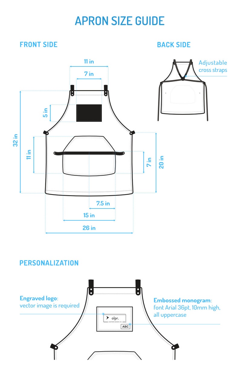 May include: A black and white line drawing of an apron with measurements in inches. The apron has a large pocket on the front and adjustable cross straps on the back. The apron is 32 inches long, 26 inches wide, and has a 7.5 inch pocket. The apron can be personalized with an engraved logo or an embossed monogram.