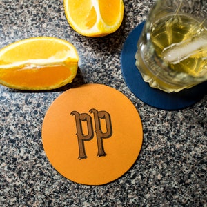 Six Leather Coasters Set | Corporate Gift | Wedding Gifts | Personalized Drink Coasters | FREE engraving | Round Orange Coaster with Initial
