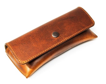 Handmade Chestnut Leather Glasses Case: Full Grain, Snap Closure