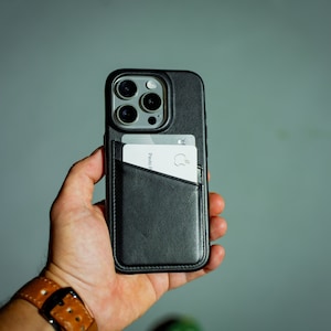Black Leather iPhone 16 Case with Pockets, Premium Leather iPhone 15 Cover, Sleek Leather Case for iPhone 15 16 Pro, Classic Leather Sleeve