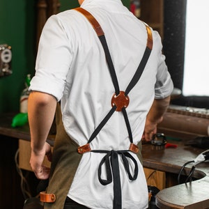 Green Waxed Barber Apron / Leather Canvas Working Apron / Milwaukee Leather Apron / Barber Apron with Leather Straps, Mother's Day, Mum Gift image 3