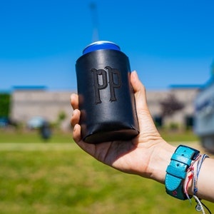 Personalized Leather Beverage Insulator, Wedding Gifts, Black Slim Can, Free Engraving, Beer Coolers, Custom Can Cooler, Gift for Groomsmen