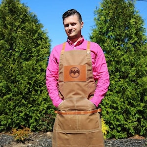 Barber Leather Waxed Canvas Apron, Christmas Gift, Hairdresser Barber Apron with Logo, Barista Leather Apron, Personalized Holiday Gift Brown w Brown Pocket