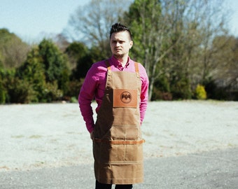 Waxed Canvas and Leather Apron | Personalized Bar Apron | Custom Bartender Apron | Pinafore Barista Apron for Men, Personalized Gift for Mom