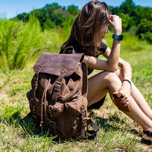 Travel Backpack, Crazy Horse Leather and Canvas Backpack, Personalized Christmas Gift, Unisex Rucksack, Backpack for Men, Woman Backpack image 6