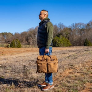 Large Briefcase, Camel Canvas and Leather Men Bag, Messenger Bag, Gift for Him, Laptop Bag, Anniversary Gift, Work Bag, MacBook Bag image 3