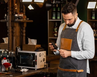 Man Leather Apron, Hairdresser Waxed Canvas Apron, Barber Custom Apron, Barista Bartender Leather Apron, Water Resistant Apron, Mom Gifts