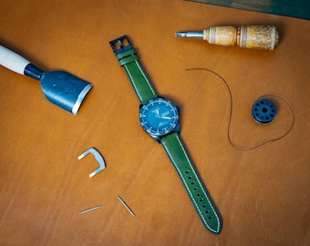 Green Italian Leather Watch Strap: Sport Band with Rubber Backing