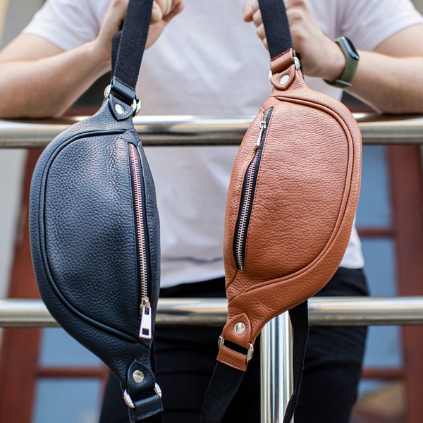 Navy Leather Belt Bag / Stylish Leather Pouch Bag / Genuine Leather Fanny Pack / Made in USA / Small Crossbody Bag