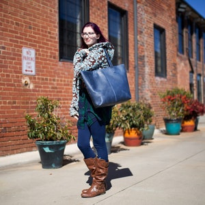 Big Leather Tote Bag for Woman / Large Navy Tote Bag / Leather Weekender Bag / Tote Bag with Pocket / Large Books Bag / Leather Grocery Bag image 1