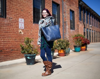 Big Leather Tote Bag for Woman / Large Navy Tote Bag / Leather Weekender Bag / Tote Bag with Pocket / Large Books Bag / Leather Grocery Bag