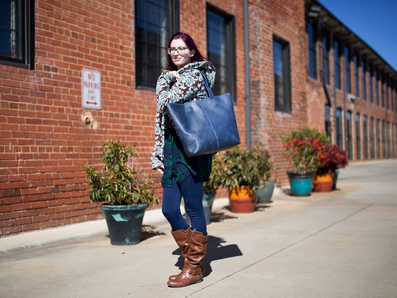 Big Leather Tote Bag for Woman / Large Navy Tote Bag / Leather Weekender Bag / Tote Bag with Pocket / Large Books Bag / Leather Grocery Bag image 1