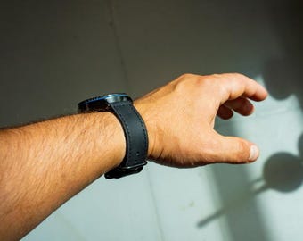 Svart läderarmband, Klassiskt läderarmband, Premium läderarmband, Handgjort läderarmband, Klockarmband i vintagestil