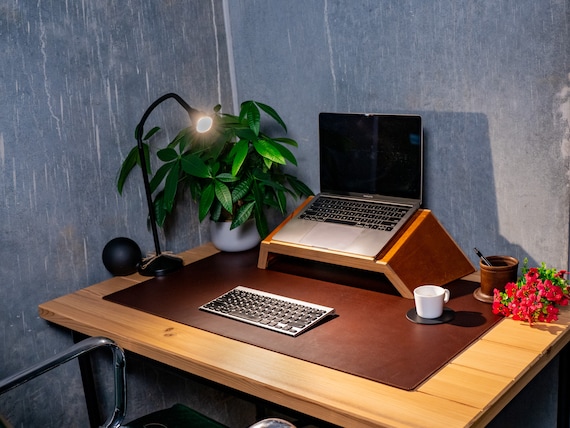 Personalized Full Grain Leather Desk Pad Blotter , Black Leather