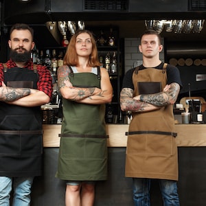 Black Canvas Apron, Leather and Non Waxed Canvas Apron, Custom Men&#39;s Apron with Custom Engraving, Mother&#39;s Day, Custom Gift for Mom