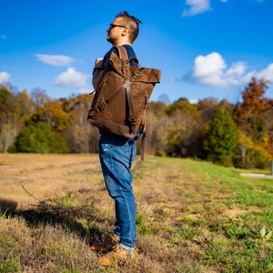 Vintage Travel Backpack, Crazy Horse Leather and Canvas Brown Backpack, Rucksack with Pockets, Backpack Men image 1