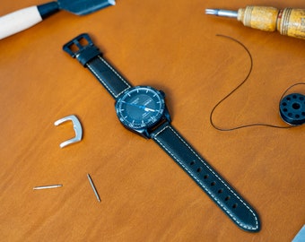Black Italian Leather Watch Strap with White Stitching (22mm/24mm)