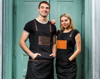 Leather Apron with Logo, Barista, Bartender, Kitchen Apron for Men, Women, Personalized Canvas and Leather Apron, Mother's Day, Gift for Mom