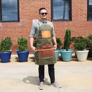 Leather and Canvas Apron, Barber Apron, Waxed Canvas Apron, Work Apron, Mom Gift Idea, Grandma Present, Mother's Day image 1