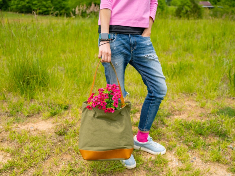 Unwaxed Canvas Tote, Green Canvas Bucket Tote Bag, Vrouwen Schoudertas, Geweldig Cadeau Idee voor Moederdag, Custom Bag met Initialen, Handtas afbeelding 3