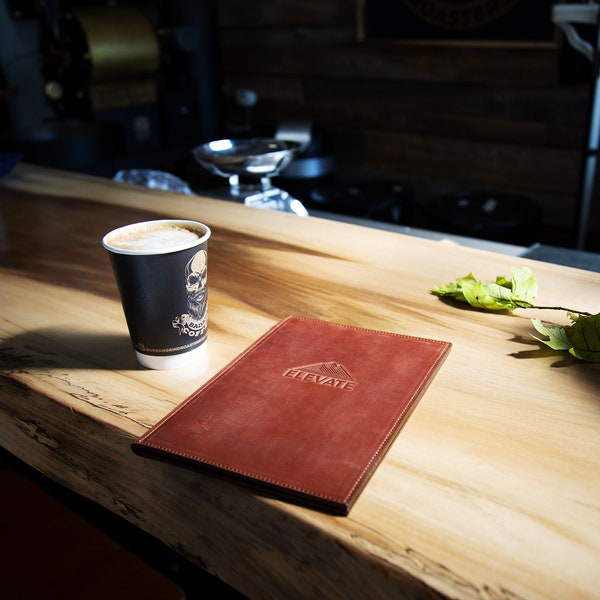 Leather Restaurant Menu Cover / Custom Menu with Logo Engraving / A5 Cover / FREE Logo for Cafe Menu / Menu Holder / Hardcover Menu