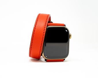 Double Wrap Leather Band / Italian Red Apple Watch Band / Slim Woman Ultra Watch Band made of Full Grain Italian Leather, Apple Watch 8 Band