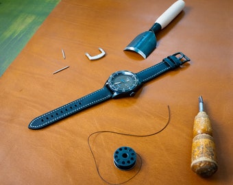 Black Italian Leather Watch Strap: Sport Band with Rubber Backing