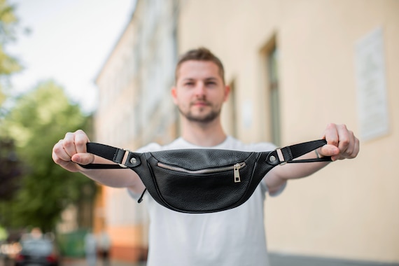 Leather Mens Fanny Pack Black Mens Waist Bag Hip Pack Belt Bag For