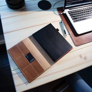 May include: A brown leather notebook cover with a black notebook inside. The notebook is open and lying on a wooden desk with a laptop and a brown leather mouse pad.