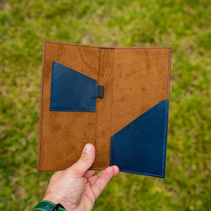 May include: A brown leather wallet with two blue leather pockets. The wallet is open and the pockets are visible.
