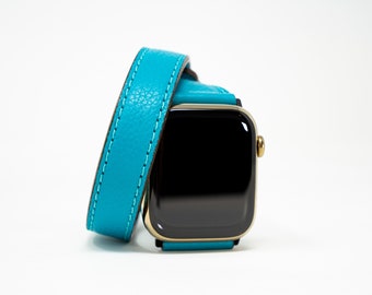 Slim Fit Woman Ultra Apple Watch Band / Double Watch Band for Apple Watch 1-8 / IWatch Strap fo Women / Turquoise Italian Leather Watch Band